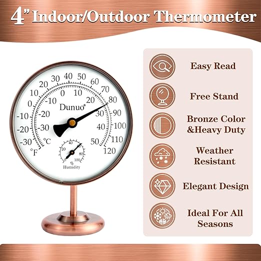 4-inch Outdoor Thermometer Hygrometer, Indoor Humidity Meter, Temperature Monitor Gauge for Home, Room, Office, Patio, House, Greenhouse, Antique Copper,Tabletop Decor.