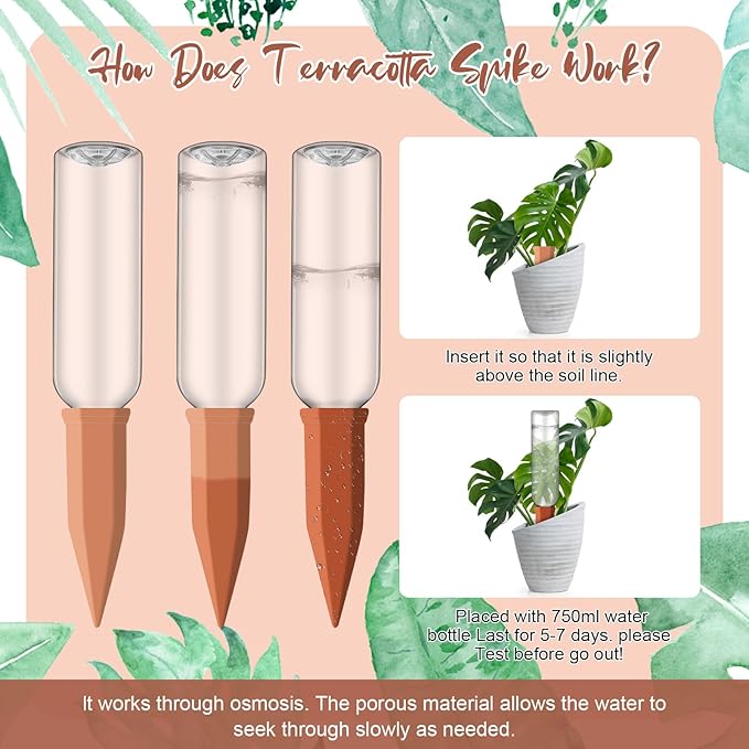 6 Sets Plant Watering Devices Include Terracotta Self Watering Spikes and 26 oz Plastic Bottles, Slow Release Vacation Insert Automatic Plant Waterer Device (Green Clear Brown and Terracotta)