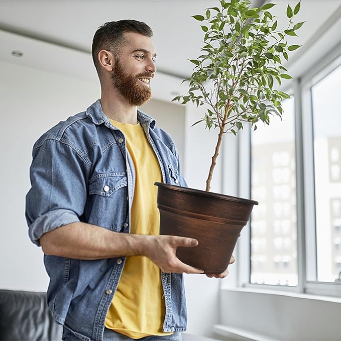 Plant Planters Pots Set of 4 Pack 16 Inch，Large Plastic Flower Pot for Indoor Plants with Drainage Holes & Trays, Resin Decorative Container Sets with Saucer for House Outdoor Garden Plant Copper