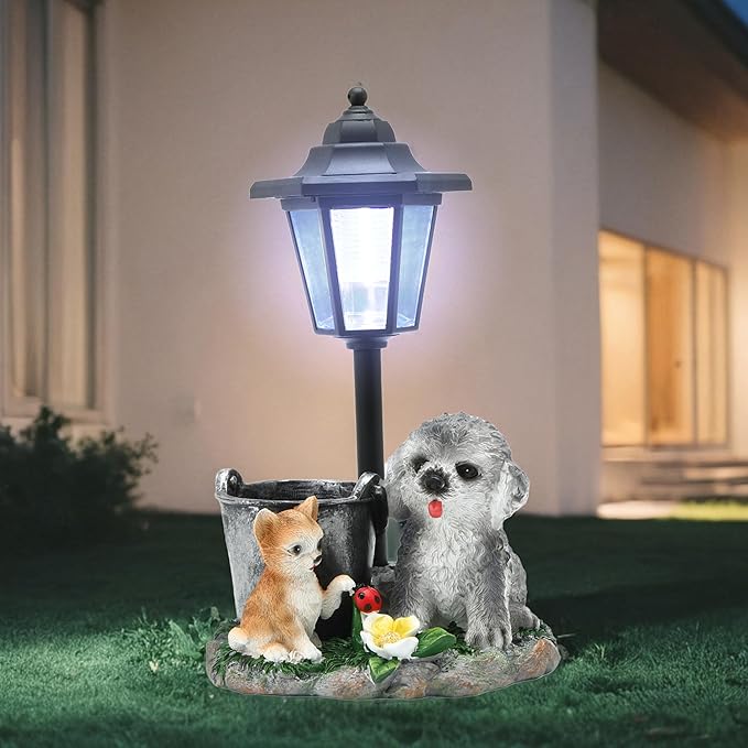 Solar Garden Outdoor Decor Statues Cat and Dog Playing Insect with Light,Outside-Outdoor Decorations Sculptures for Patio Yard Lawn Walkway Ornaments Clearance Gifts for Mom Grandma Birthday
