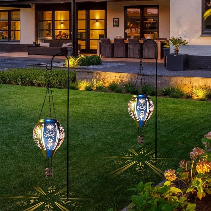 Starsoul Hot Air Balloon Solar Lantern with Dragonfly Projection Metal Outdoor Waterproof Hanging Hot Air Balloon Solar Lights for Garden Yard Patio Decor