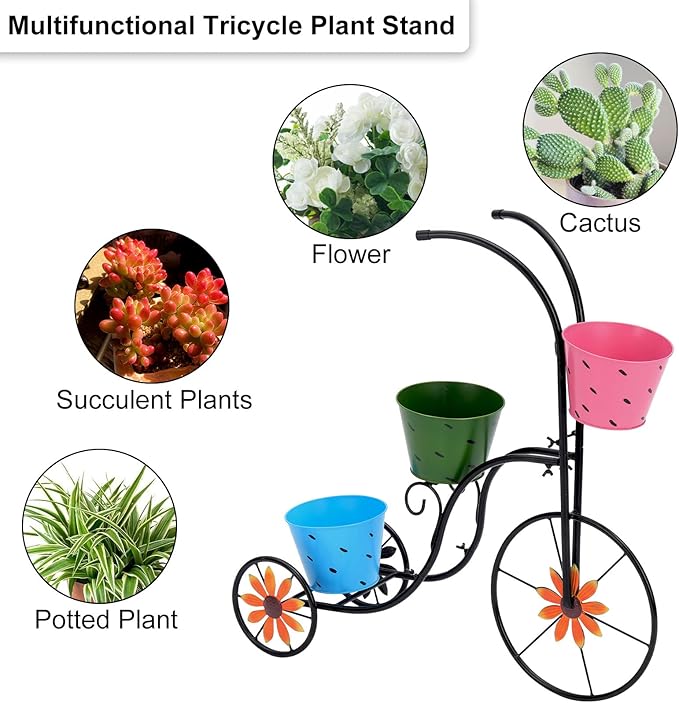 LEWIS&WAYNE Metal Tricycle Planter, 3 Tier Floral Flower Plant Stand Holder Hand Painted Outdoor Garden Patio Decor