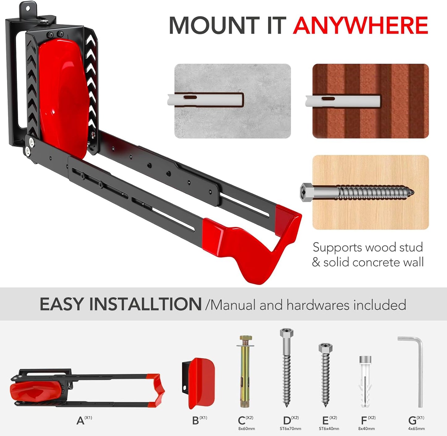 Swivel Bike Rack Wall Mount, Bike Hangers for Garage, Space-Saving Vertical Bike Holder, Holds up to 77 lbs, Bicycle Wall Hanger Storage, No Heavy Lifting Required Indoor Hanging Bike Rack-Red