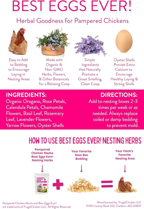Pampered Chicken Mama Best Eggs Ever! Nesting Herbs for Chickens (4 Pounds) for Chicken Nesting Boxes Calcium Supplement for Chickens | Chicken Feed Supplies, Hen Treats for Coops (4 Bags)
