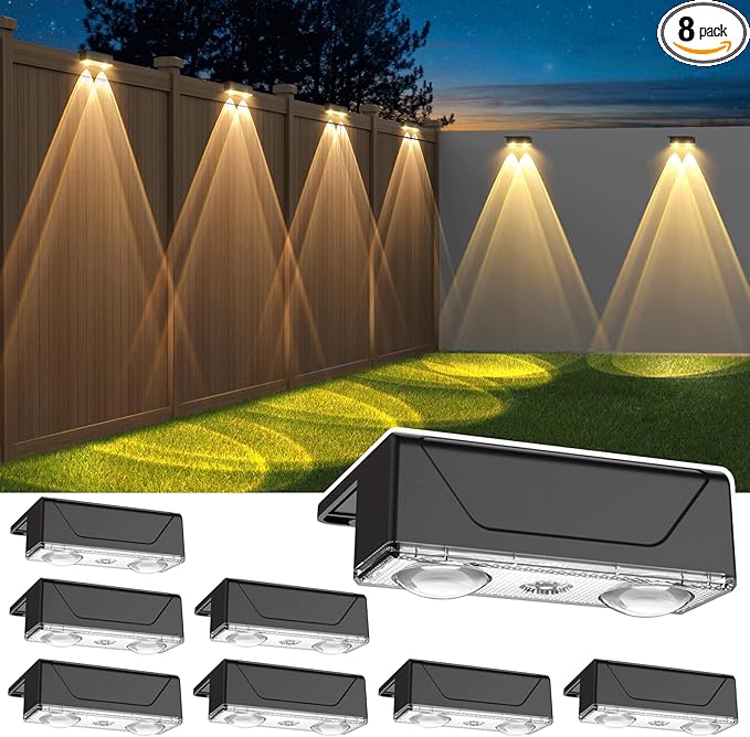 Derynome Solar Fence Lights Outdoor - Dusk to Dawn IP45 Waterproof Solar Garden Lights for Outside, Step, Backyard, Railing, Step, Patio & Wall (Color Change+7 Color, 8 Pack)