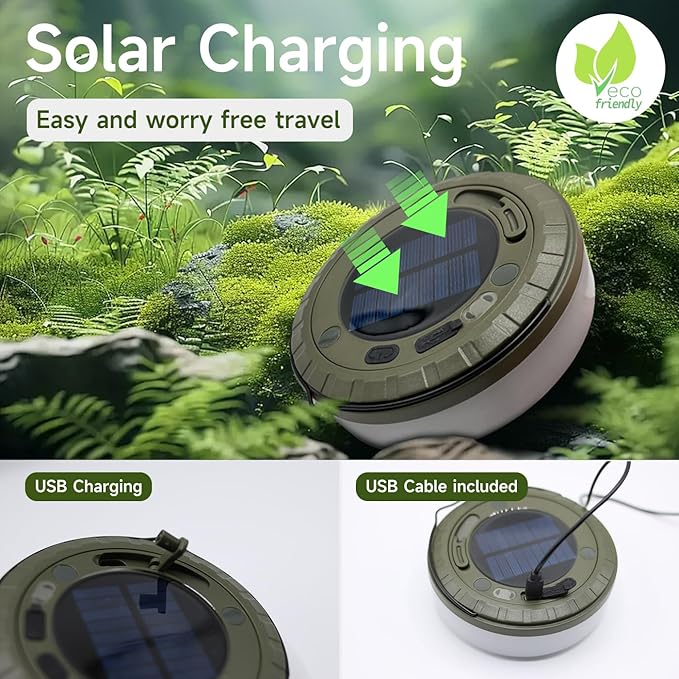 Solar Camping String Lights Roll Up 32.8FT, Rechargeable via Solar and USB, Waterproof Portable 2 in 1 Camping String Lights Lamp for Outdoor Camp Tent Garden Party Festival Decorations