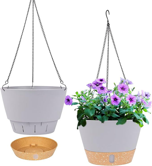 QCQHDU 2 Pack 10 inch Hanging Planters for Indoor Plants, Outdoor Hanging Baskets, Self Watering Pots with Drainage Holes & Removable Tray (Light Grey, 10 inch)