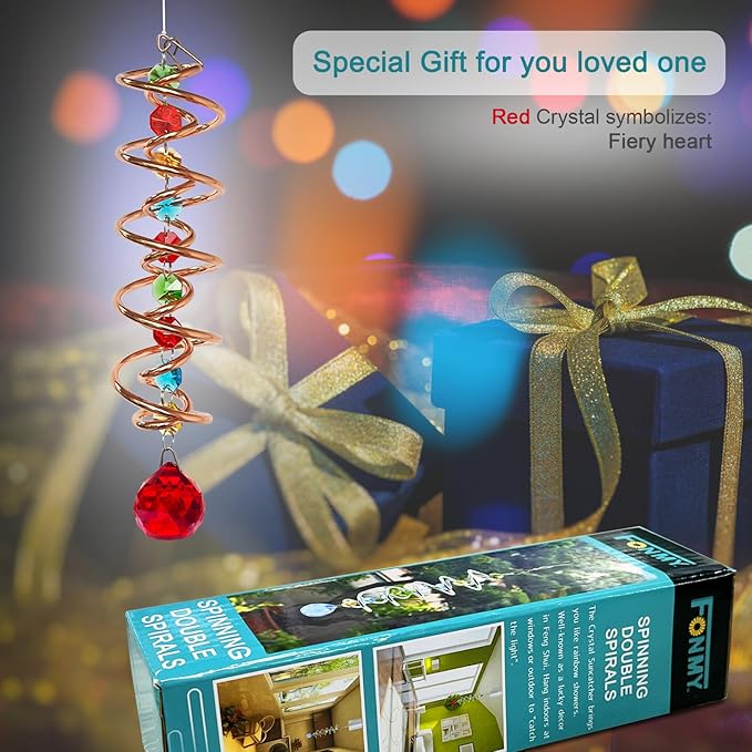 FONMY Gazing Ball Spiral Tail -Decorative Wind Spinner Sun Catcher Rainbow Maker Copper Double-Spiral W/Red Crystal Ball and Chain Crystals Beads for Indoor Outdoor Garden Decoration -14 inch Height