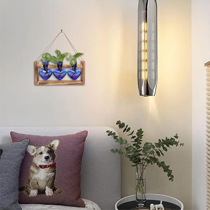 Plant Terrarium Propagation Stations Faith Hope Love Hydroponics Home Garden Decoration Gift for Women with Wooden Stand Heart Shaped Colored Glass Vase