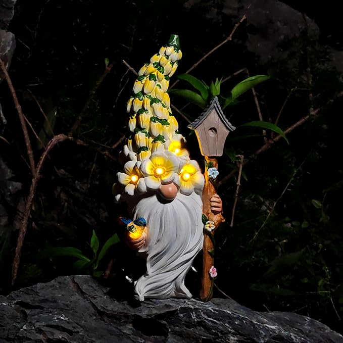 Solar Gnome Statue with Flower Hat - Solar Resin Garden Outdoor Statue Sculpture,Whimsical Gnome Figurine for Woman Gift Home and Garden Decor