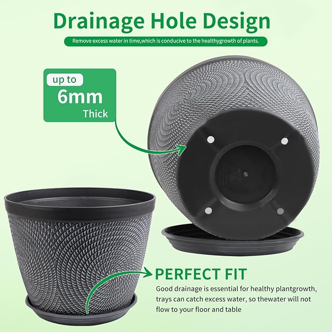 Quarut Large 12 Inch Plant Pot for Plants Outdoor Indoor, 4 Pack Plastic Flower Pots with Drainage Hole & Saucer, Modern Decorative Garden Pot with Saucer, Plant Container for House（Gray）
