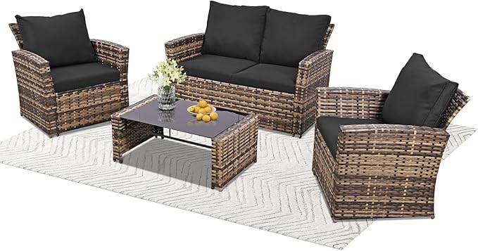 4 Piece Outdoor Patio Furniture Set,Wicker Conversation Sets Outdoor Sectional Patio Sofa Couch with Cushions & Coffee Table for Outside, Garden, Balcony, Porch,Yellow/Black