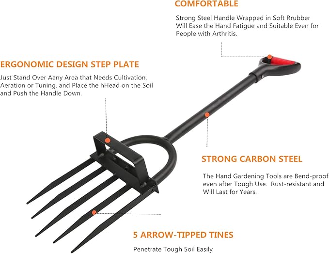 5-Tine Heavy Duty Pitch Fork for Gardening - Long Handled Digging Fork Garden Claw Weeder