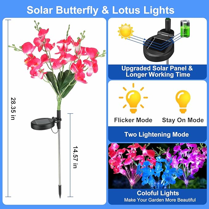 Solar Garden Lights, Solar Lights Outdoor Waterproof with Phalaenopsis Flower, 3 Pack Solar Powered Outdoor Lights,Garden Lights for Outside,Pathway Patio Yard Decor,Gifts for Mothers Day Mom Women