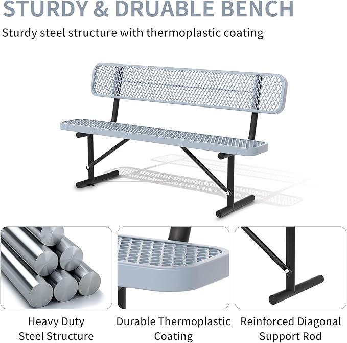 4/6/8 Feet Park Bench for Outside Heavy Duty Metal, Garden Benches Outdoor Bench with Backrest & Portable Frame, for Shopping Malls Stores Parks Patios Decks, Grey