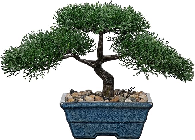 Artificial Bonsai Tree Juniper Faux Plants Indoor Fake Plants Decor with Blue Ceramic Pots for Home Table Office Desk Bathroom Shelf Bedroom Living Room Farmhouse Decorations-Pine