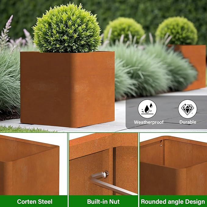 Corten Steel Planter Box 20" L x 20" W x 20" H,Large Metal Square Planter for Outdoor Plants,Metal Cube Flower Pot with Drainage Hole for Porch Hotel Patio Yard