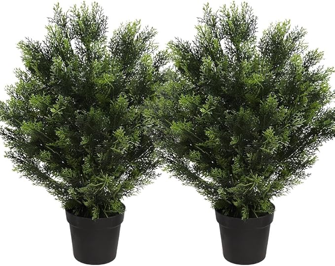 momoplant 31 Inch Tall Artificial Cedar Topiary Tree Set of 2 Faux Cypress Evergreen Potted Plants for Outdoor & Indoor Decor