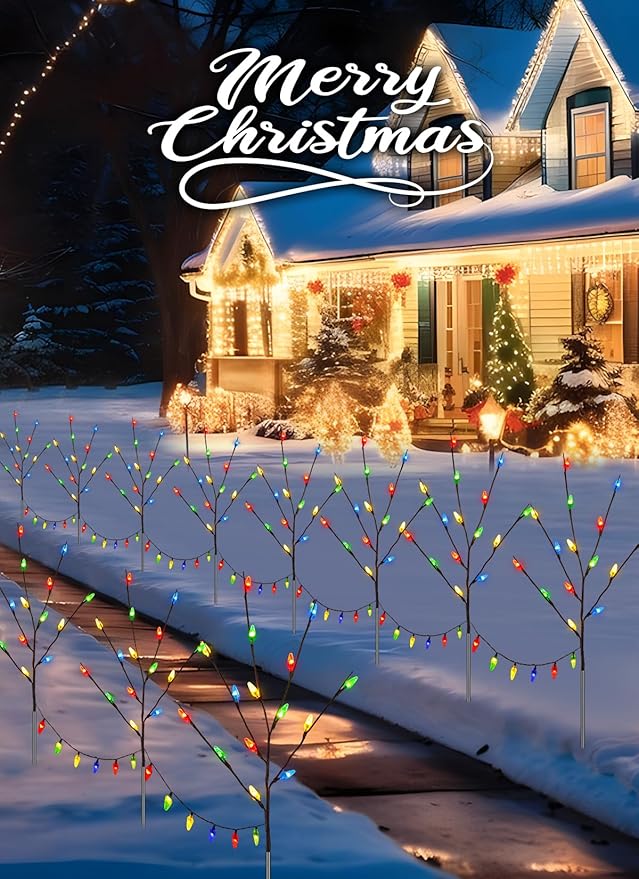 Brightown LED Twig Lights, 2 Sets Total 8 Packs Lighted Branches for Vases Plug in, C6 Driveway Christmas Lights, Outdoor Christmas Stems Outdoor Decorations Yard, Multicolor