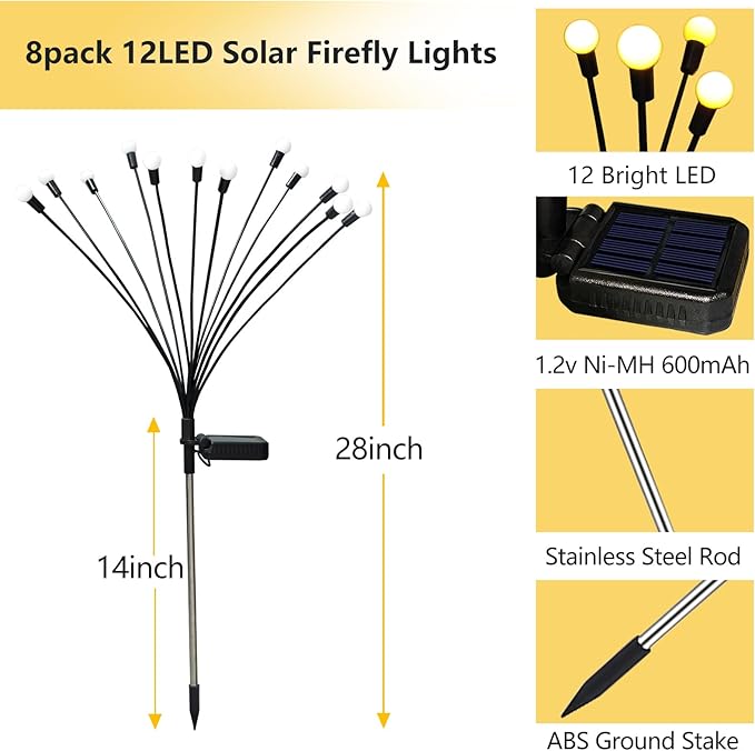Solar Firefly Lights Outdoor, 8 Pack 96 LED Waterproof, Sway by Wind, Swaying Light for Yard Patio Backyard Garden Planter Flower Bed Pathway Outdoor Decoration (Warm White)