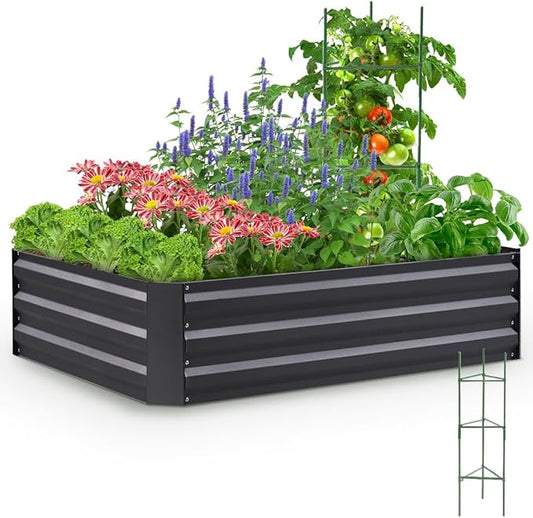 Quictent Galvanized Raised Garden Bed 4x3x1 Ft Metal Planter Box for Vegetables Bottomless for Backyard, Include 1 Tomato Cage, Dark Grey