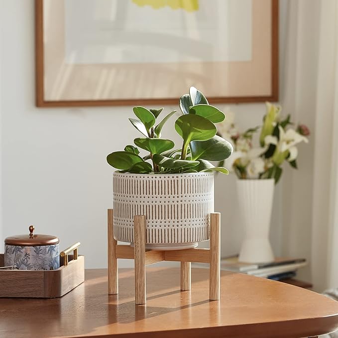 LA JOLIE MUSE Ceramic Plant Pot with Wood Stand - 7.3 Inch Modern Round Decorative Flower Pot Indoor with Wood Planter Holder, Beige and White