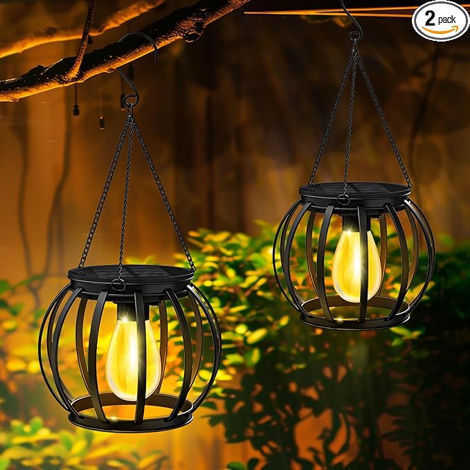 2 Pack Solar Lanterns Outdoor Lights, Upgraded Metal Solar Lantern Lights, Brighter Hanging Solar Lights Outdoor Waterproof, Auto On/Off Outdoor Solar Lights for Yard Garden Patio Pathway Decor