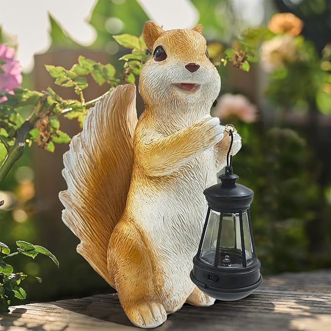 Solar Garden Squirrel Decor Statue Fairy Garden Accessories Outdoor Figurine LED Lights Art Housewarming Gift for Patio Yard Lawn Ornament Cute Animal Decoration