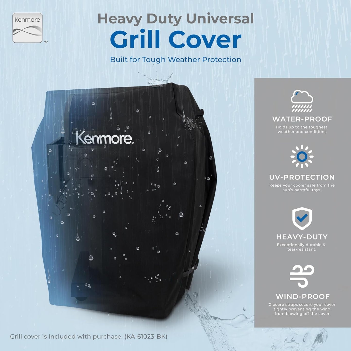 Kenmore 3-Burner Propane BBQ Grill, 30,000 BTUs Gas Grill with Cast Iron Cooking Grates, Folding Side Tables & Wheels, Outdoor Grill with Tool Hooks, Azure Blue + Bonus Cover