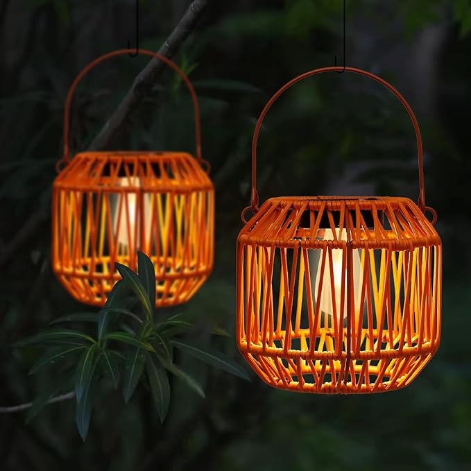 Solar Lanterns,Solar Boho Lanterns Outdoor Waterproof Wicker Lights for Outside Hanging Rattan Lights Outdoor Woven Lamp Decoration for Garden,Yard,Patio,Porch,Trees,Lawn,Pathway,2 Pack