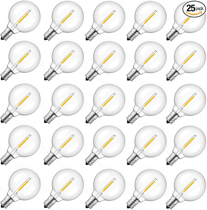 Brightown G40 Replacement LED Light Bulbs, 25 Pack Clear Globe Bulb fits E12 C7 Candelabra Screw Base Sockets, 1.5 Inch Dimmable Edison Light Bulbs for Indoor Outdoor Patio Decor, Warm White