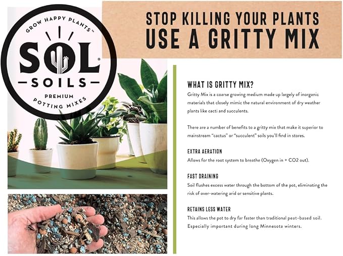 Sol Soils Succulent Gritty Mix 2 Quarts - Fast Draining Peat Moss Free Succulent Soil Potting Mix with Coconut Husk Chips, Perlite & Pumice