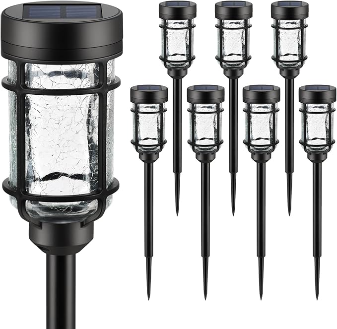 Solar Pathway Lights 8 Pack, Color Changing+Warm White LED Solar Lights Outdoor, Waterproof Solar Crackle Glass Stake Lights for Garden Path Walkway Backyard Lawn Landscape Decoration