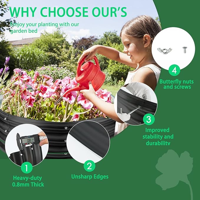 Durable Round Galvanized Steel Raised Garden Bed for Planting,Round Galvanized Steel Fire Ring/Fir Pit for Outdoor- 5×5×1FT,0.8MM Thick(Black, 60 ins Diameter x 12 ins high)