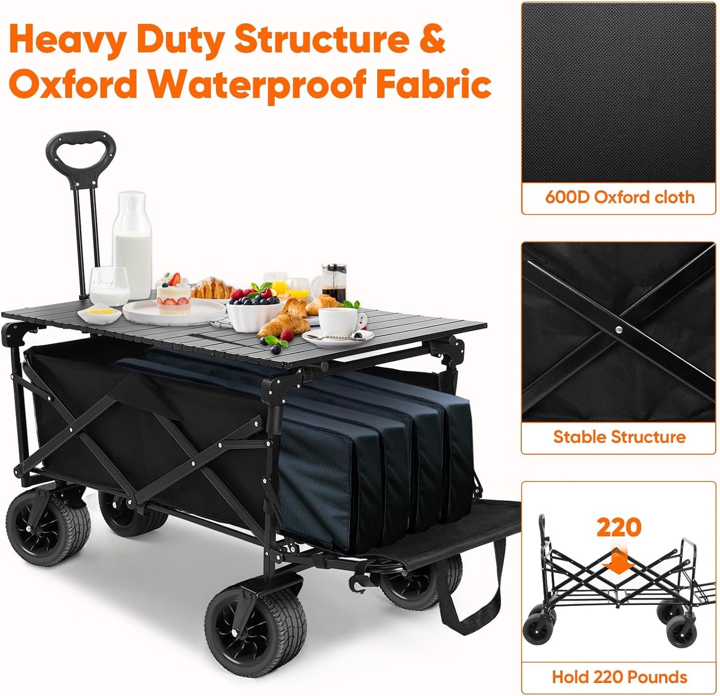 Collapsible Wagon with Table and Canopy, Large Capacity Wagons Carts, Beach Wagon with Big Wheels, Heavy Duty Beach Car Utility Wagon for Outdoor Park, Shopping, Sports, Camping, Garden