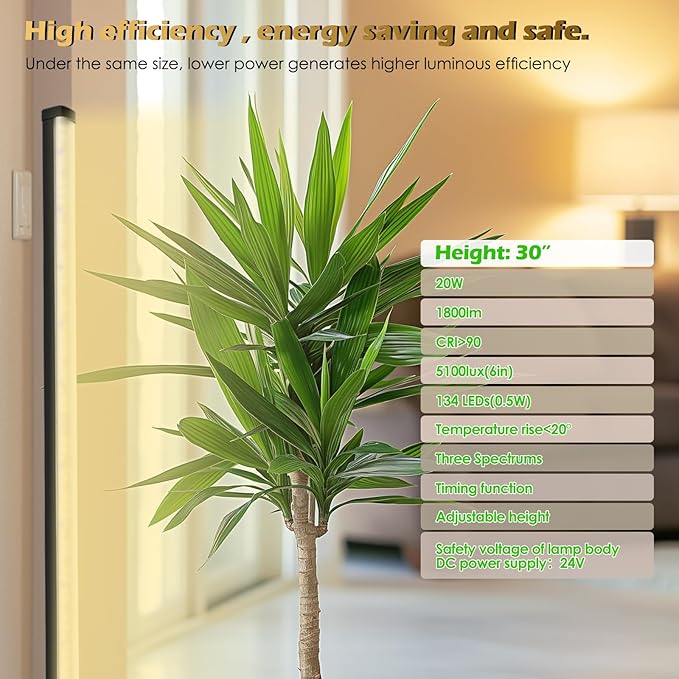 GLOWRIUM Standing Grow Light with Auto-Timer, 20W Vertical Grow Lights for Indoor Plants,3 Light Modes,134 LEDs,Full Spectrum Plant Lights for Wide Area Coverage in Indoor Plants (30 in)