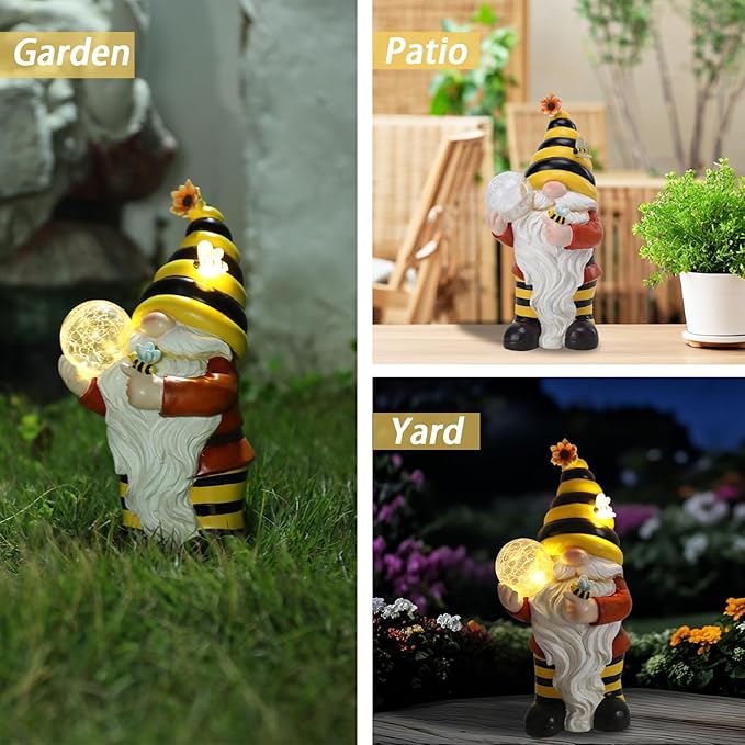 Solar Garden Gnome Statue, Resin Bee Gnome Figurine with Flower and Crackle Glass Globe Lights for Outdoor Decor, Porch Patio Yard Decorations, Garden Gifts for Mom