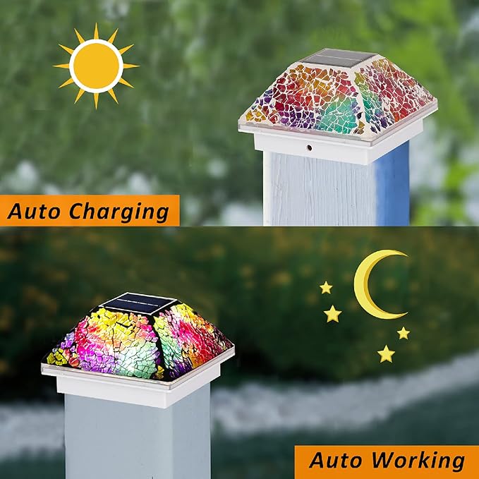 2PK Mosaic Solar Post Cap Lights Outdoor for 4x4, 3.5x3.5 Post Crackled Glass Deck Fence Lamp Weatherproof LED Light Decor in Garden, Yard, Outdoor Table, Balcony, Landscape- Multi-Colored