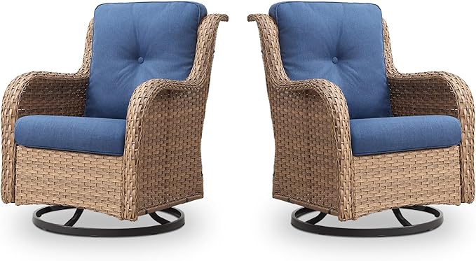 Outdoor Swivel Rocker Patio Chairs - 360 Degree Swivel Glider Seating 350LBS Weight Capacity Wicker Rocking Chairs Set of 2 with Removable Cushion for Porch Balcony Deck, Yellow/Blue