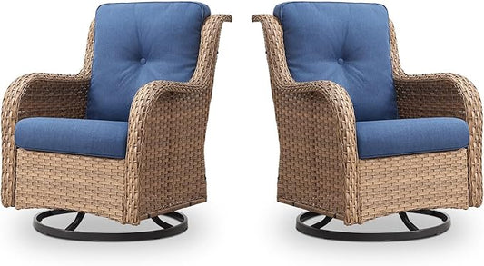 Outdoor Swivel Rocker Patio Chairs - 360 Degree Swivel Glider Seating 350LBS Weight Capacity Wicker Rocking Chairs Set of 2 with Removable Cushion for Porch Balcony Deck, Yellow/Blue