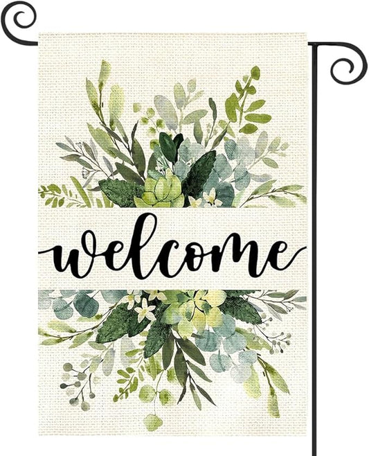 Spring Floral Welcome Garden Flag 12x18 Inch Double Sided Outside, Eucalyptus Seasonal Farmhouse Yard Outdoor Flag