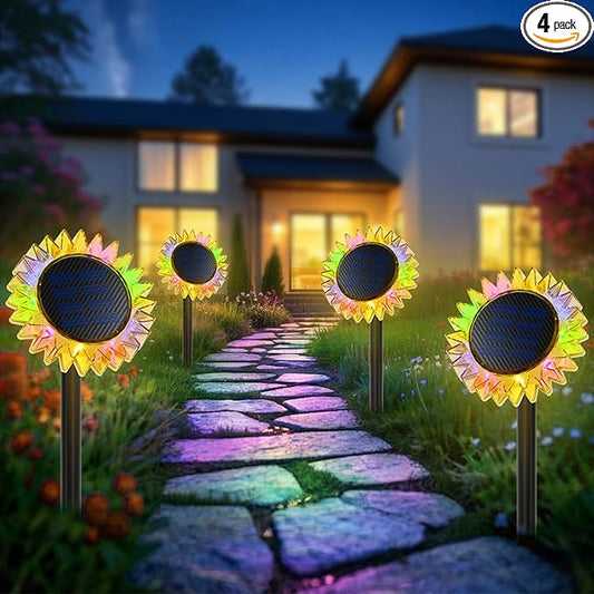 Outdoor Solar Lights, 4 Pack Upgraded Solar Sunflower Lights, Ground/Wall 2-in-1 Waterproof Solar Garden Lights for Yard, Landscape, Fence, Path, Patio, Driveway, Backyard Decor (Colourful)