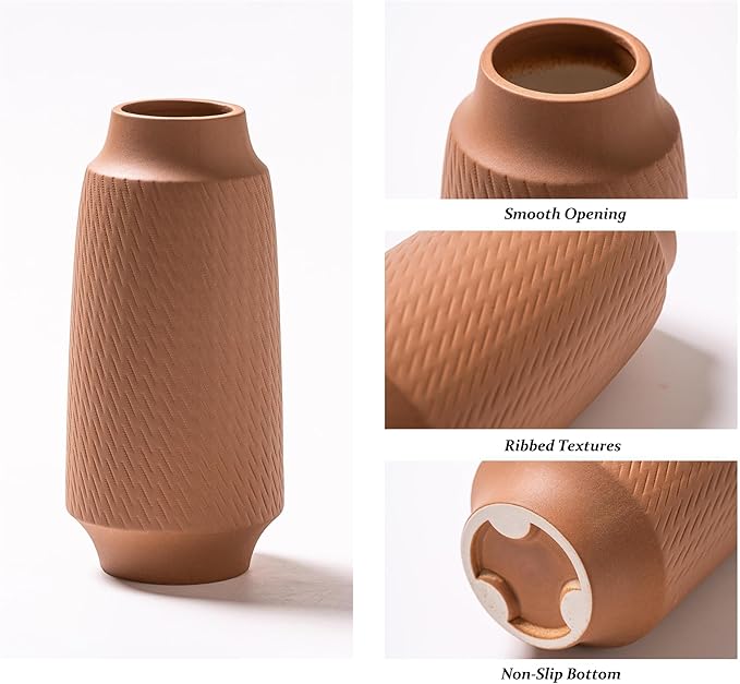 Ceramic Vase Set of 3, Modern Multicolor Pattern Flower Vases for Home Decor, Office, Centerpieces, Boho Farmhouse Style (Khaki/Brown/Beige)