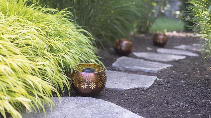 Original Solar Fire Bowl 8” (2-Pack) Decorative Metal Solar Patio Light with Flickering Flame, Waterproof Dusk-to-Dawn Garden Lantern in Bronze/Copper