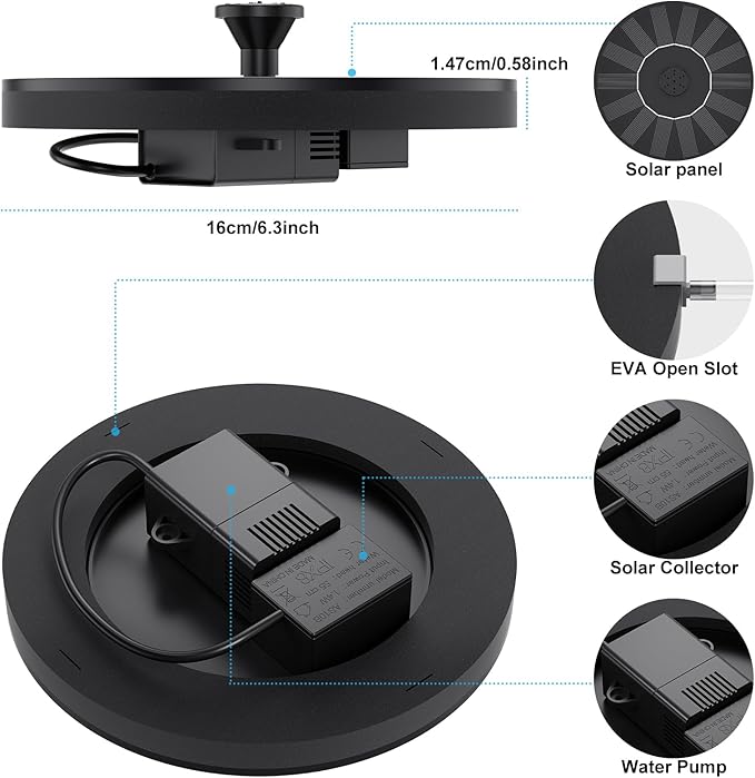 Solar Fountains,Solar Water Fountain,Solar Powered Bird Bath Fountain with 6 Nozzles - Free Standing Floating Solar Water Fountain for Bird Bath, Garden, Pond, Pool (Black-1.4W)