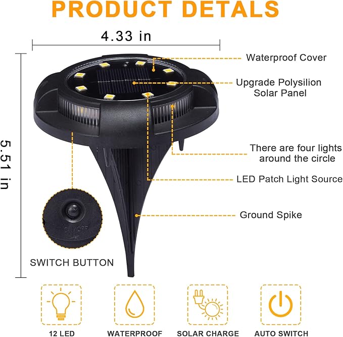 Solar Ground Lights Outdoor 12 Packs 12 LED Disk Lights Solar Powered Waterproof New In-ground Lights For Garden Deck Stair Step Lawn Patio Driveway Walkway Pathway Yard decoration(Warm Light,12Pack)