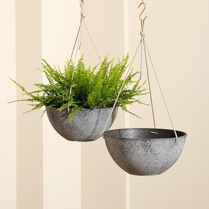 LA JOLIE MUSE Large Hanging Planters for Outdoor Plants - 13 Inch Hanging Flower Pots with Drainage Holes, Set of 2, Rock Grey