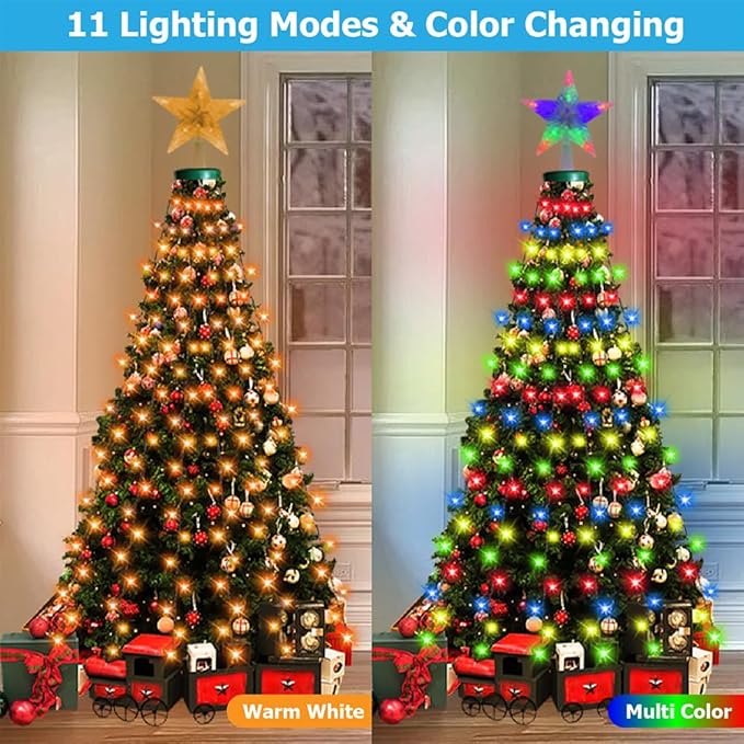 LED Christmas Tree Lights for Garden Decor, 6.6 FT 16 Lines Warm White & Multicolor String Lights with Star Topper, Christmas Ornaments Lights with Timing Function & 11 Modes Remote Control