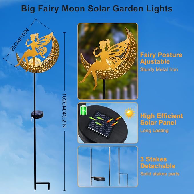 Fairy Moon Solar Lights Outdoor Garden Gifts for Women Yard Decorations Stakes Lights, Waterproof LED Outside Backard Decor, Lawn Patio Ornaments, Mothers Day Birthday Gifts for Mom (Gold,1Pack)
