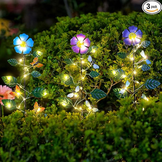 Set of 3 Solar Garden Lights,23'' H Flowers＆Insect Decorative Garden Stakes,Waterproof Metal Spring Yard Art Decor,Solar Stake Lights for Outside,Lawn,Yard,Patio